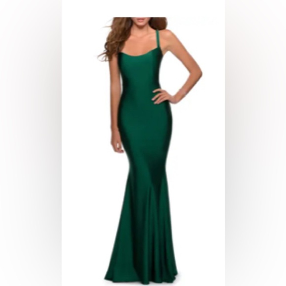 La Femme Elegant Emerald Green Lace Up Back Maxi Dress